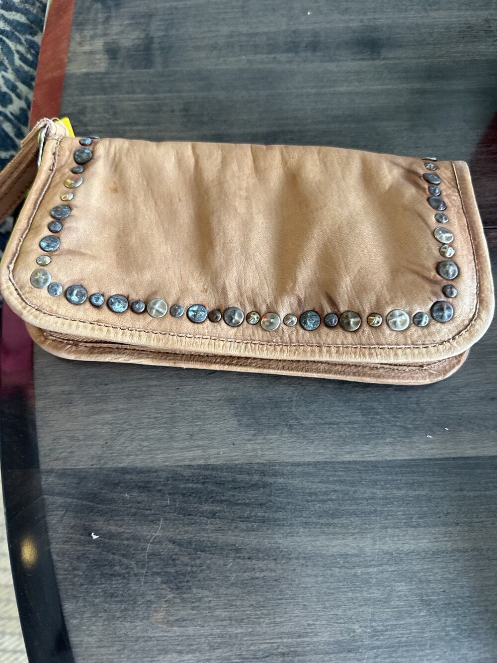 Nicla Castellani Milano Tan Leather Studded Clutch Crossbody Bag